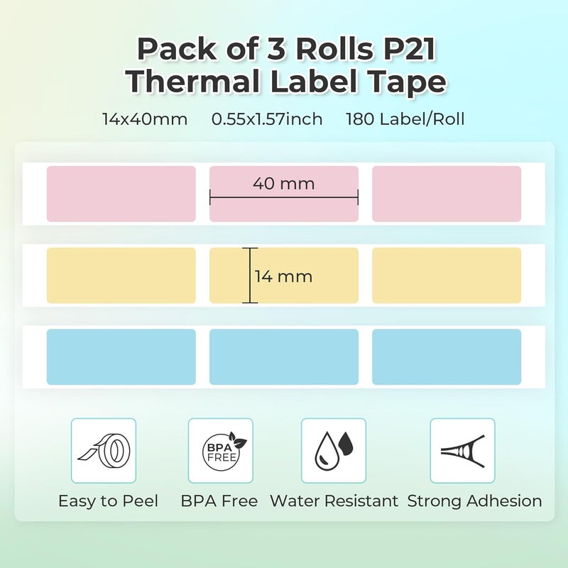 Nelko Genuine P21 Label Maker Tape, Adapted Label Print Paper, 14x40mm (0.55"x1.57"), Standard Laminated Office Labeling Tape Replacement, Multipurpose of P21, 180 Tapes/Roll, 3-Roll, Blue/Yellow/Pink - Image 3